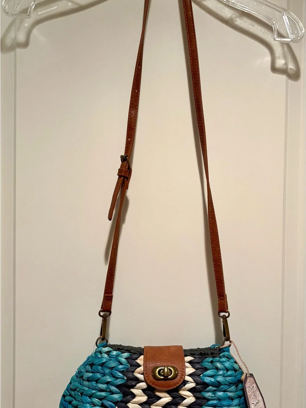 Braided Teal, Navy & Cream Crossbody Clutch with Brown Leather Strap